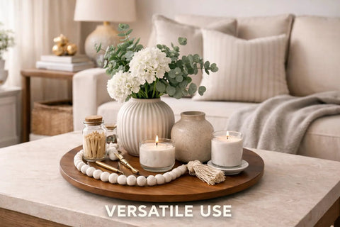 Acacia Wood Turntable Organizer Lazy Susan 21 Inch Rotating Tray for tabletop with candles and vase on living room table.