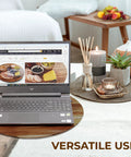 Laptop on Acacia Wood Turntable Organizer Lazy Susan 21 Inch Rotating Tray For Tabletop Cabinet Pantry And Kitchen Countertop