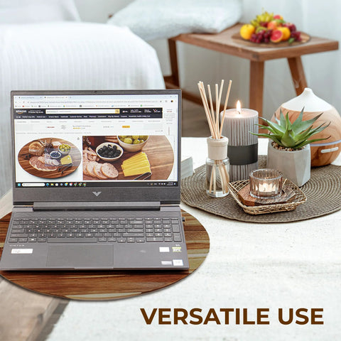 Laptop on Acacia Wood Turntable Organizer Lazy Susan 21 Inch Rotating Tray For Tabletop Cabinet Pantry And Kitchen Countertop
