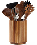 Acacia Wood Utensil Holder For Kitchen Countertop With 360 Degree Rotating Base holding various cooking tools.