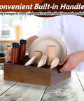 Person holding an Acacia Wood Utensil Holder for Party Wood Silverware Caddy Organizer Wooden Kitchen Utensil Holder for Counter Paper Plate with 6 Compartments for Cooking and Silverware Fork, Spoon.