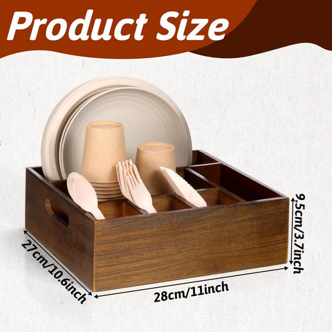 Acacia Wood Utensil Holder for Party Wood Silverware Caddy Organizer Wooden Kitchen Utensil Holder for Counter Paper Plate with 6 Compartments