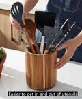 Acacia Wood Utensil Holder For Kitchen Countertop With 360 Degree Rotating Base holding cooking tools, farmhouse style decor