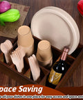Acacia Wood Utensil Holder for Party Wood Silverware Caddy Organizer with plates, cups, and cutlery in 6 compartments on countertop.