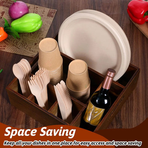 Acacia Wood Utensil Holder for Party Wood Silverware Caddy Organizer with plates, cups, and cutlery in 6 compartments on countertop.