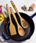 3 Piece Acacia Wood Kitchen Utensil Set With Spatula Slotted Spoon And Cooking Spoon For Flip Stir And Scoop In Nonstick Pans