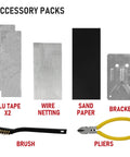 Accessory pack with alu tape, wire netting, sand paper, bracket, brush, and pliers for Two In One Plastic Welder Kit With Soldering Iron