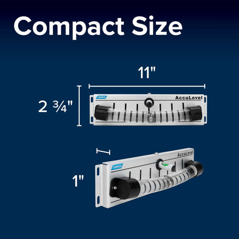 AccuLevel RV Leveling System With Dual Front To Back And Side To Side Indicators For Easy Install And Accurate Readouts For Campers And Trailers No Hassle Setup Camco dimensions shown in compact size at 11 inches by 2.75 inches by 1 inch.