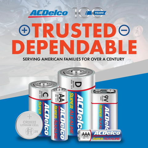 Image of trusted and dependable ACDelco batteries, including AA and AAA alkaline batteries for home and office use.