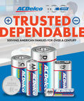 ACDelco battery lineup including AAA, AA, D cells, and coin battery with text 'Trusted Dependable' over family at home background