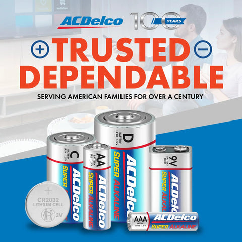 ACDelco battery lineup including AAA, AA, D cells, and coin battery with text 'Trusted Dependable' over family at home background