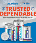 ACDelco battery lineup featuring D, 9V, AA, AAA, and CR2032 cells with 'Trusted Dependable' text for home office.