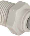 Close-up of Acetal Copolymer Straight Tube Fitting Adaptor Half Inch Tube OD to Half Inch NPTF Male, push to connect, white plastic
