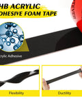 Heavy Duty Double Sided Tape With Acrylic Foam Mounting Tape 1 Inch By 16.4 Feet Waterproof And Strong Two Sided Adhesive For Walls Automotive And Home Office Decor Without Drilling Or Screwing showing VHB acrylic adhesive with flexibility and ductility features