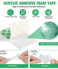 Acrylic adhesive foam tape sheet displayed with flexibility and ductility features highlighted in smaller images below.