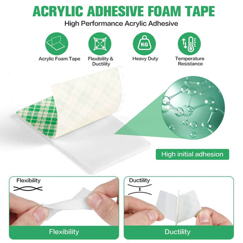 Acrylic adhesive foam tape sheet displayed with flexibility and ductility features highlighted in smaller images below.