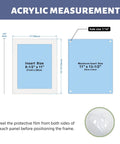 Diagram of a crystal-clear floating picture frame with diamond-polished acrylic edges and durable silver aluminum standoffs, plus a complete wall mount kit. Display sizes 8.5x11 and 11x13.5 inches shown.