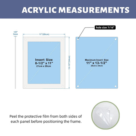 Diagram of a crystal-clear floating picture frame with diamond-polished acrylic edges and durable silver aluminum standoffs, plus a complete wall mount kit. Display sizes 8.5x11 and 11x13.5 inches shown.