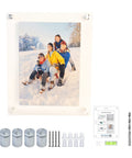 Crystal-clear floating picture frame with diamond-polished acrylic edges and durable silver aluminum standoffs, plus a complete wall mount kit for effortless, secure display of an 8.5x11 insert in an 11x13.5 frame.