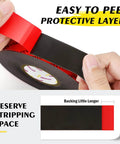 Close-up of heavy duty double sided tape with acrylic foam, showing red protective layer being peeled back, 1 inch by 16.4 feet.