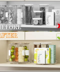 4 Pack 9.5 Inch Clear Acrylic Lazy Susan Turntable Organizer With Pillars For Cabinet Refrigerator Pantry And Vanity Makeup Bathroom Countertop DIY Two Tier Or Single Layer Spin Storage For Kitchen And Vanity showing organized pantry after use.