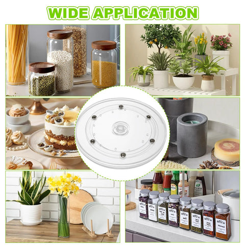Image showing wide application of Six Pack 6 Inch Clear Acrylic Lazy Susans With Ball Bearing Rotation in kitchens and decor settings.
