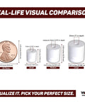 Size comparison chart for Acrylic Sign Mounting Hardware Hidden Clip In Sign Standoff Mounts, showing small, medium, large dimensions with a penny.