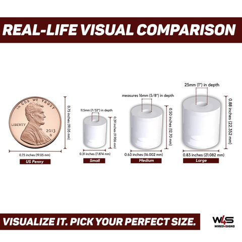 Size comparison chart for Acrylic Sign Mounting Hardware Hidden Clip In Sign Standoff Mounts, showing small, medium, large dimensions with a penny.