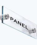 Glass sign mounted with stainless steel standoff screws, showcasing "PANEL" text, part of 20 pack by Lantee for acrylic displays.