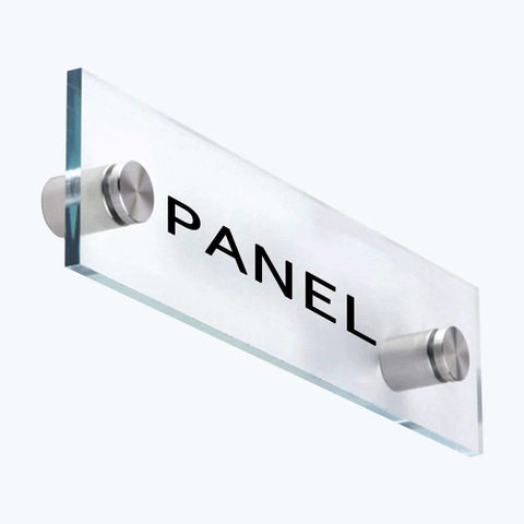 Glass sign mounted with stainless steel standoff screws, showcasing "PANEL" text, part of 20 pack by Lantee for acrylic displays.