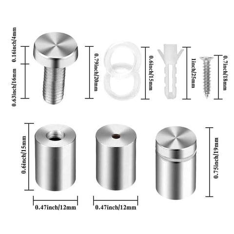 Components of Standoff Screws For Acrylic Signs 12x19mm Pack With 12 Standoffs 24 Spacers And Mounting Hardware shown with dimensions