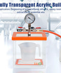 1.5 Gallon Acrylic Vacuum Chamber For Resin Degassing Kit with silicone gasket in lab setting, view of gauge and hose, clear chamber
