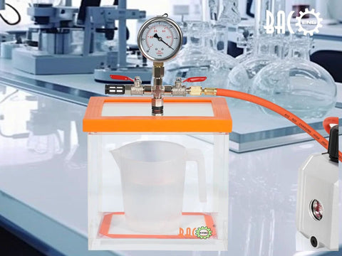 1.5 Gallon Acrylic Vacuum Chamber for Resin Degassing Kit with silicone gasket and hose, shown in a laboratory setting