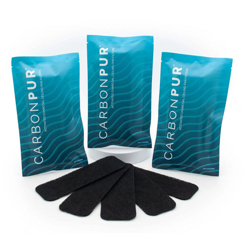 Front view of Activated Charcoal Ceiling Fan Filters 5 Pack For Universal Fit Made In USA For Air Purification Odors Dust Pollutants Removal By CarbonPur Veteran Owned American Craftsmanship
