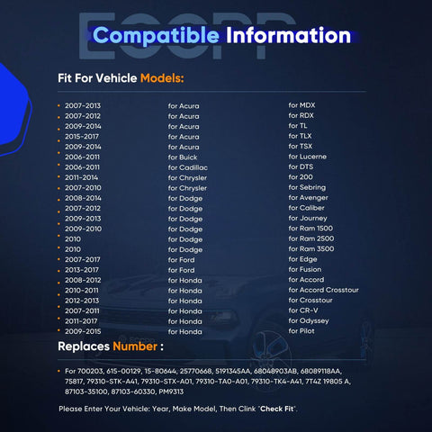 Compatibility chart for AC Blower Motor 700203 Compatible With Acura MDX TL RDX TLX TSX 2007 2017 And Honda Accord Crosstour