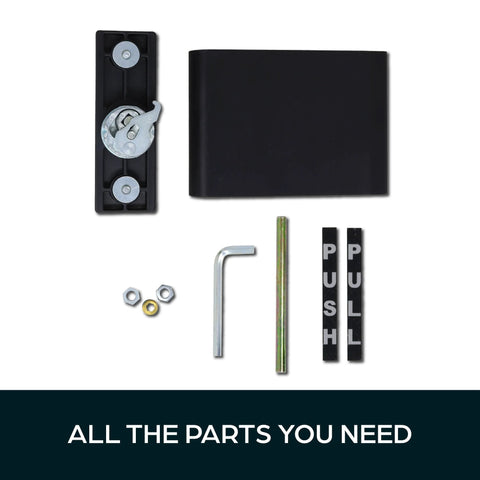 Push Paddle Handle For Adams Rite Storefront Doors kit with aluminum paddle, cam plug, strike plates, allen key, and screws.