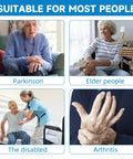 Images showing seniors and disabled individuals using dressing aids suitable for Parkinson's, arthritis, and limited mobility.