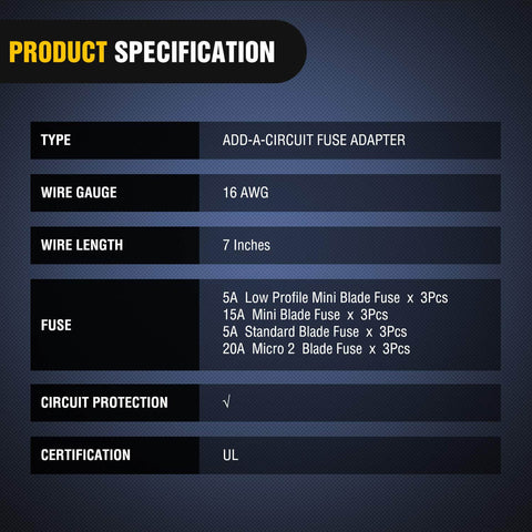 12 Pack 12V Car Add A Circuit Fuse Tap Kit product specification chart with wire gauge, length, fuse types, and certification