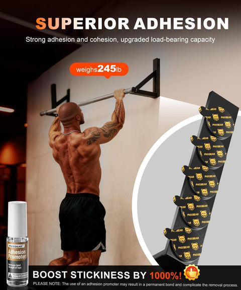 Man performing pull-up with 245lb labeled strength on mounted bar using Beefed-Up Mounting Tape With Easy Peel Tabs, 1.57 Inch Round, Heavy Duty Double Sided Tape With Bonding Primer.