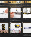 Adhesion promoter application steps with visuals; clean surface, apply promoter, apply Pro Plus Heat Resistant Heavy Duty Foam Tape