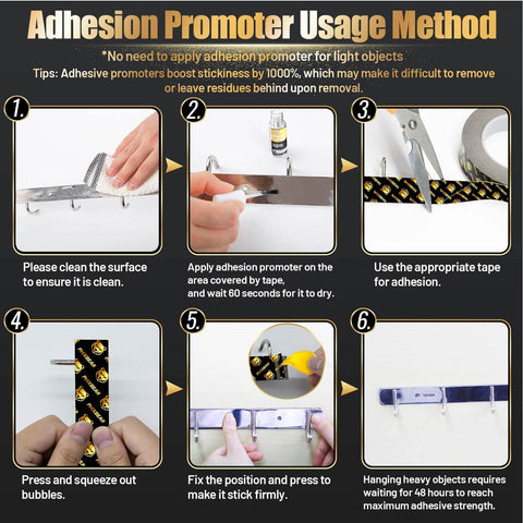 Adhesion promoter application steps with visuals; clean surface, apply promoter, apply Pro Plus Heat Resistant Heavy Duty Foam Tape