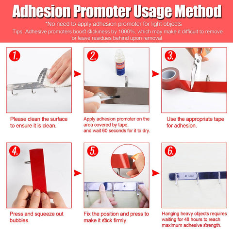 Step-by-step instructions for using Extreme 1.18 Inch Double Sided Mounting Tape Heavy Duty Adhesive with adhesion promoter.