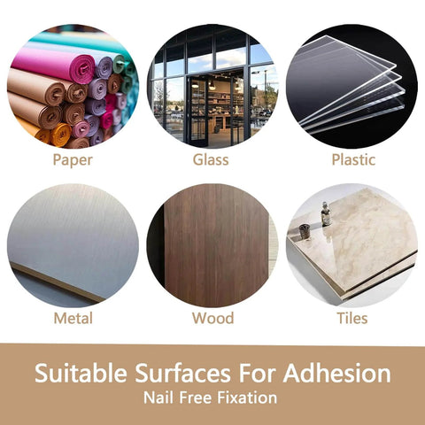 Image showing suitable surfaces for adhesion including paper, glass, plastic, metal, wood, and tiles for Heavy Duty Double Sided Tape 0.39 Inch By 36 Feet Clear Mounting Tape With 300LSE Acrylic Adhesive For Scrapbooks Electronics Repairs Laptops And Phones Arts Crafts Leather Work Card Making 1 Pack