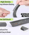 Thick Self Adhesive Brush Weather Stripping For Windows And Doors 0.9 Inch Brush Height By 0.4 Inch Backing Width 33 Feet Length Grey Sliding Seal Strip Window Felt Dust Stopper Draft Blocker Insulation And Winter Weatherproofing showing adhesive backing and fine soft brush close-up view.
