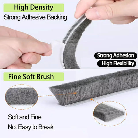 Thick Self Adhesive Brush Weather Stripping For Windows And Doors 0.9 Inch Brush Height By 0.4 Inch Backing Width 33 Feet Length Grey Sliding Seal Strip Window Felt Dust Stopper Draft Blocker Insulation And Winter Weatherproofing showing adhesive backing and fine soft brush close-up view.