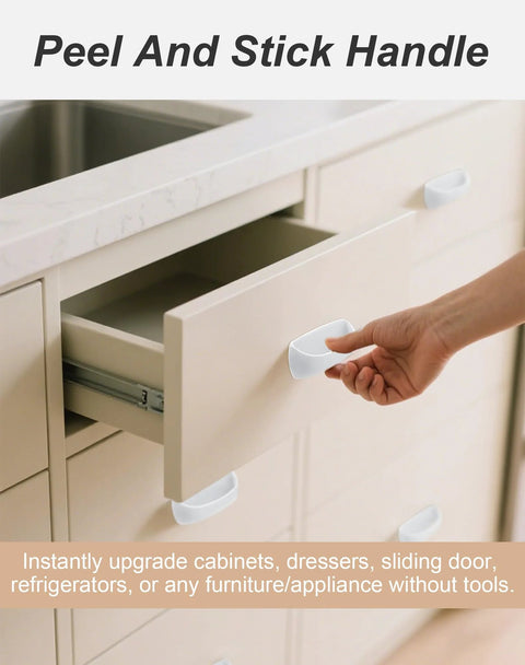 8 Pack Adhesive Cabinet Handles Peel and Stick Drawer Pulls White No Drill installed on kitchen drawer