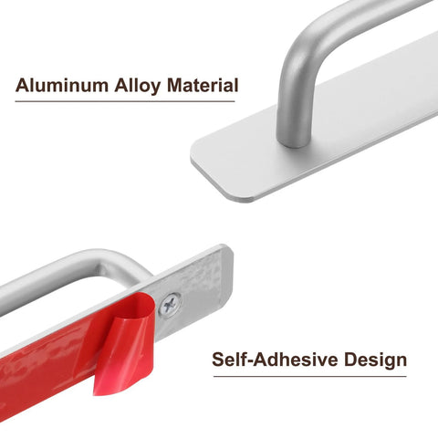 2 Pack Adhesive Cabinet Handles 9.6 Inch No Drill Stick On Drawer Pulls Aluminum Alloy Silver Tone, showing self-adhesive design.