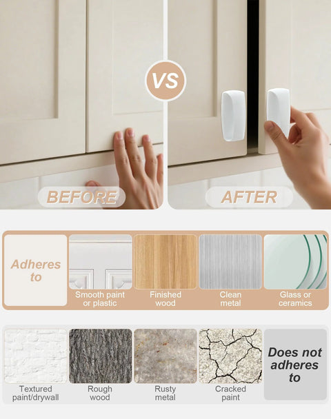 8 Pack Adhesive Cabinet Handles Peel and Stick Drawer Pulls White No Drill Easy Stick On Furniture Hardware shown before and after installation on cabinet