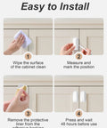 Installation guide for 8 Pack Adhesive Cabinet Handles Peel and Stick Drawer Pulls White, showing cleaning, positioning, and application steps.