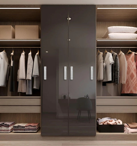 Adhesive Cabinet Handles 2 Pack 5.8 Inch No Drill Push Pull Self Stick Installation on glossy closet doors in a modern wardrobe